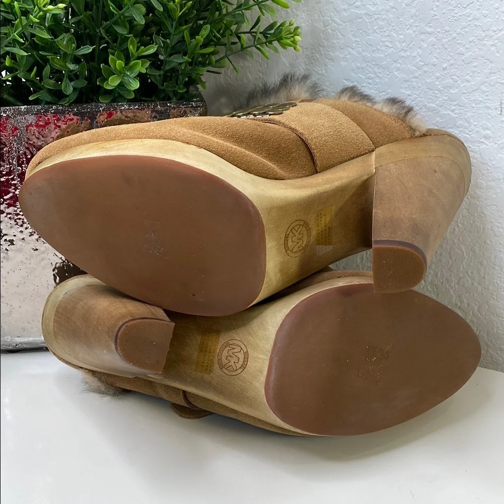 Clearance! Michael Kors‎ Tan Fur-Lined Studded Platform High Heel Mules Sz 9.5